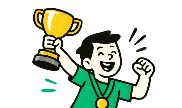 Jugador celebrando una victoria con trofeo y medalla.